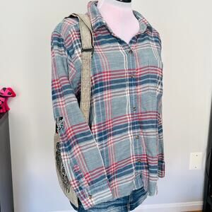American Eagle | Distressed Oversized Blue Flannel Shirt | Women's Size M